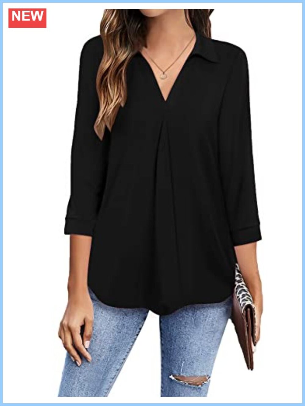 Women's 3/4 Sleeve Blouse V-Neck Business Casual Collared Top